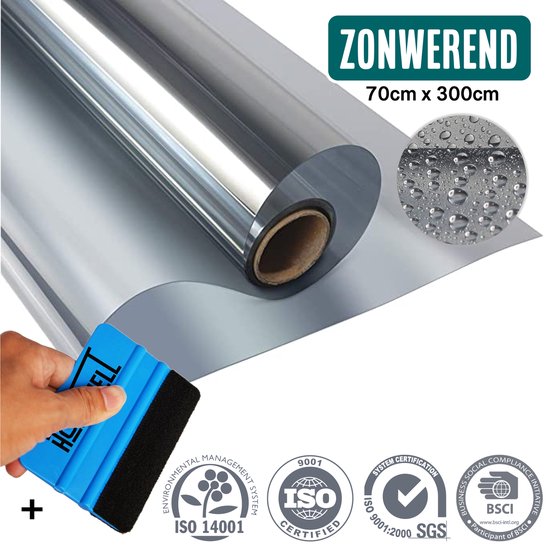 Homewell Insulating HR+ Fensterfolie 70x300cm - Statische Sonnenschutzfolie mit Spiegeleffekt - Silber (inkl. Rakel)