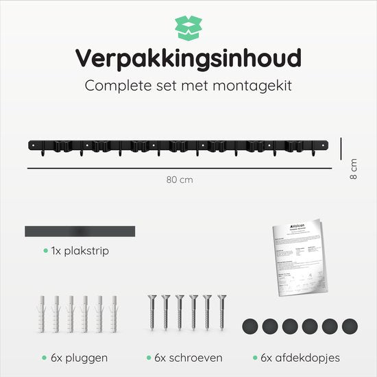 Volcan Besenhalter - Besen Aufhängesystem Gartengeräte - Werkzeughalter - 3M Band - 7 Halter 8 Haken - Edelstahl Schwarz