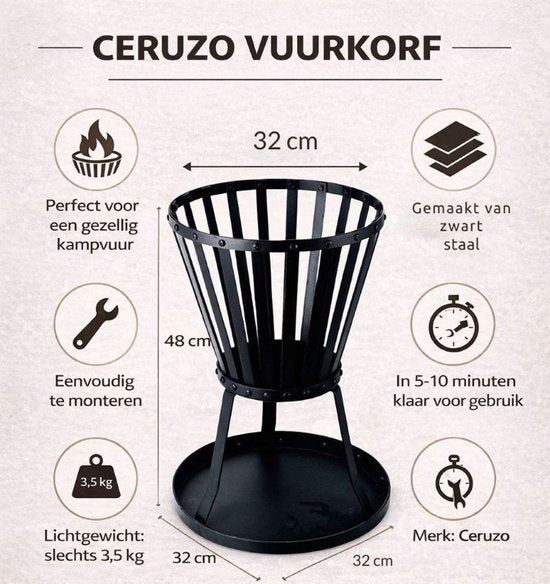 Ceruzo Feuerkorb - 48 cm hoch - Stahl - Ø32 cm- Schwarz - Bodenplatte