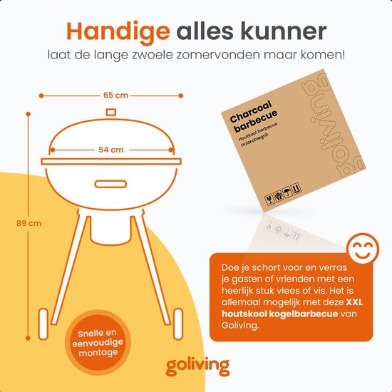 Goliving - Holzkohlegrill auf Rollen - Inklusive Zubehör - XXL BBQ mit Deckel - Ø 54 cm - 65 x 89 cm - Metall - Schwarz