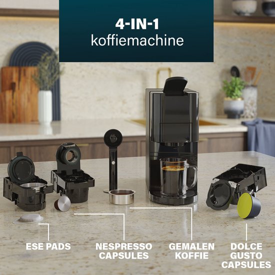 Princess 249454 Multi-Kapsel-Kaffeemaschine - 4 in 1 - Geeignet für Nespresso - Dolce Gusto Kapseln - Schwarz / Silber