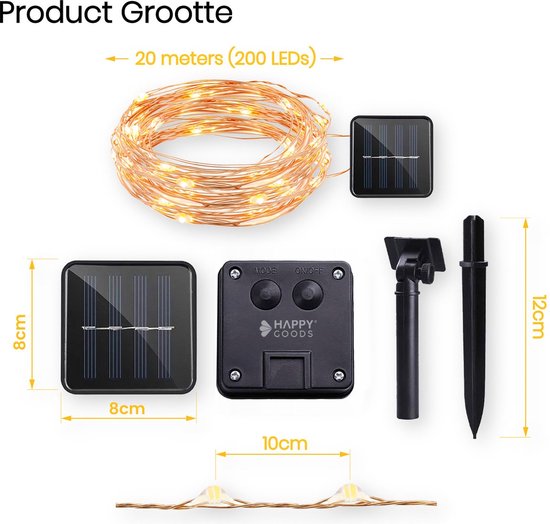 Happy Goods Solar Gartenbeleuchtung - 200 LED Lichterkette für den Außenbereich - 20 m - Lichterkette - Außenbeleuchtung Girlande - Lichterketten