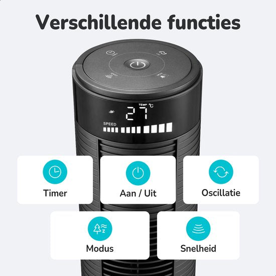Bloomfold Turmventilator - 38 Zoll - Fernbedienung - Schlafmodus - 12-Stunden-Timer - Voll-LED-Display - Schwarz