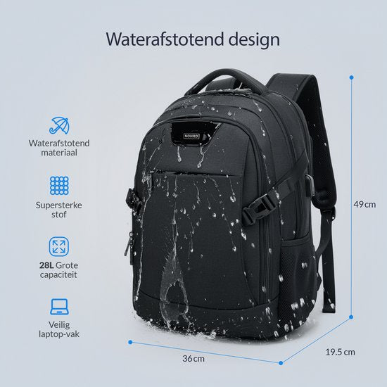 NOHRD Laptop Rucksack - Schwarz - Anti-Diebstahl - Laptoptasche 15.6 Zoll - USB Ladestation - Rucksack Damen & Herren - Wasserabweisend - Schultasche Mädchen & Jungen - Büchertasche mit Laptopfach