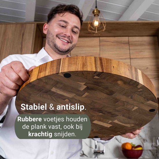 VDN Professional Schneidebrett Rundes Akazienholz mit Saftrinne und Griffen - Rutschfestes Schneidebrett mit Halterset - Schneideblock Kopfholz Ø 38 x 3,8 CM