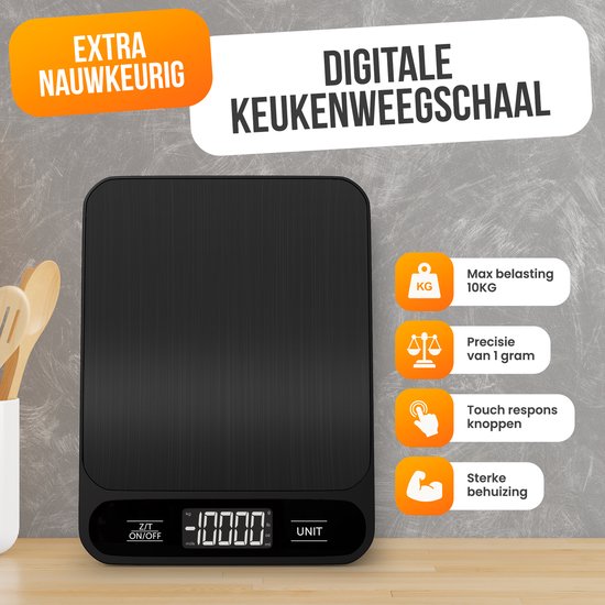 Strex Küchenwaage Digital - Küchenwaage - 1 g bis 10 kg - Tara-Funktion - Batterien enthalten - Schwarz