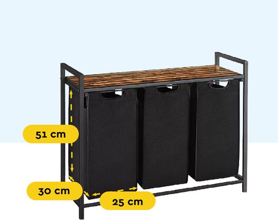BRASQ Wäschekorb 3 Fächer - Wäschesortierer 114 Liter - Ausziehbar mit Regal 92,5x33x71 cm - Wäschebox Schwarz Metall - Braunes Holz - Korb