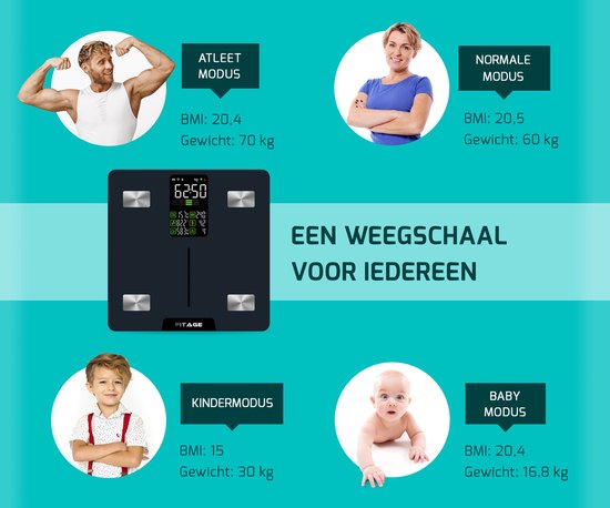 FITAGE LED-Waage Personenwaage Digital - Intelligent - Mit 17-facher Körperanalyse - FITAGE App