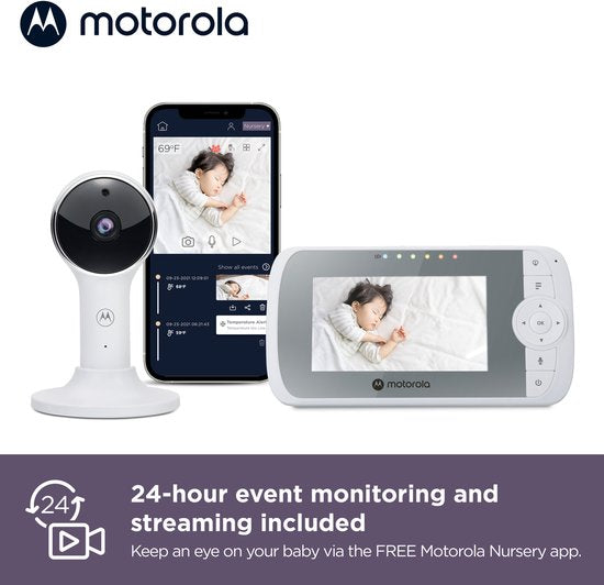 Motorola VM64 Babyphone mit Kamera und App - 4,3" WiFi Video-Babyphone mit Smartphone-App - 2-Wege-Audio, Nachtsicht, Temperatur, Schlaflieder, Digitalzoom
