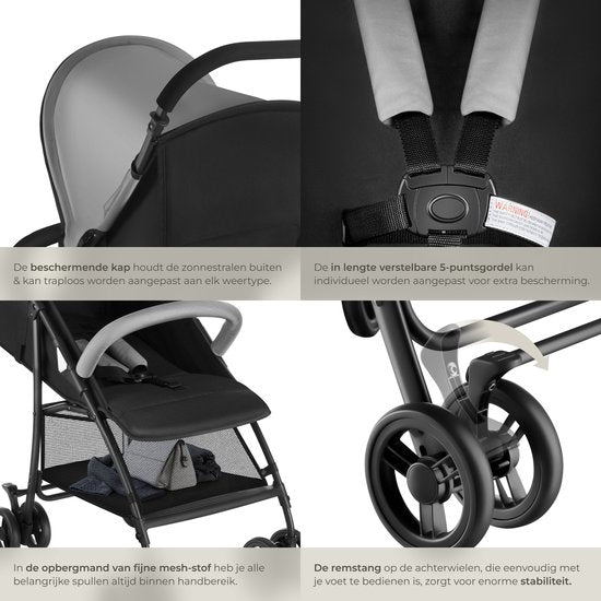 tectake® Buggy - Kinderwagen - faltbar, 5-Punkt-Gurt, verstellbare Rückenlehne und Beinauflage - mit Bremse, leichtgängige Räder - praktischer Ablagekorb - schwarz/grau