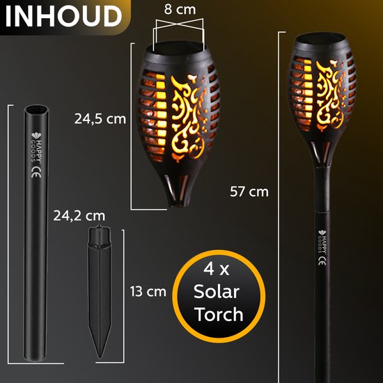 Happy Goods Solar Gartenbeleuchtung mit Solarenergie - 4 Gartenfackeln - 57 cm - Wasserdicht - Außenbeleuchtung mit Sensor - Gartenlaternen