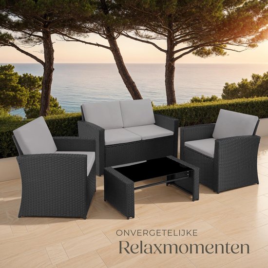 tectake Geflecht-Gartenset für 4 Personen - 2-sitzige Gartenbank und 2 Gartenstühle - Tisch mit abnehmbarer Glasplatte - Bequeme Sitz- und Rückenkissen - Lounge-Set für Garten, Terrasse, Balkon - Schwarz