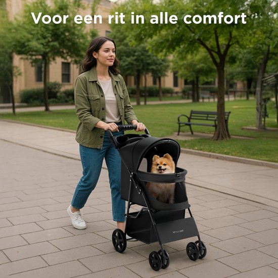 TrevoPet® Zusammenklappbarer Hundekinderwagen - für kleine und mittelgroße Hunde bis zu 15 kg - Kinderwagen mit Becherhalter und großem Ablagekorb - Schwarz