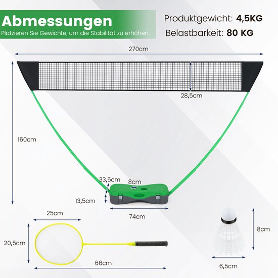 COSTWAY Badminton Netzständer, tragbares Federballspiel mit Schlägern, 2 Schlägern, Netz und Aufbewahrungsbox, komplettes Badmintonset für Badminton/Tennis und Volleyball für drinnen und draußen