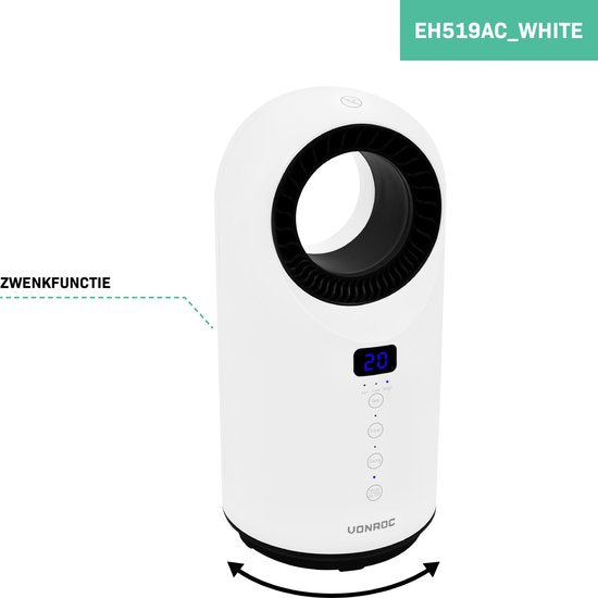 VONROC - Elektrische Heizung - Heizlüfter - 1000W/1500W - ohne Lamellen - Keramik - 3 Stufen - Inkl. Fernbedienung - Swing-Funktion - Thermostat und Timer - 15m2 - weiß