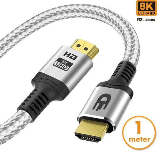 HDMI-Kabel 2.1 - Ultra HD High Speed - HDMI zu HDMI - Geeignet für Xbox Series X & PS5 - 1 Meter - Nylon - Silberweiß