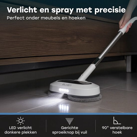 Ølven Elektro-Mopp - Schnurlos - Bodenreiniger - Sprühfunktion - LED-Beleuchtung - 50W - Verstellbar - Weiß
