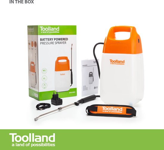 Toolland Drucksprüher, elektrisch, Akku, Teleskoplanze, verstellbarer Sprühkopf, Schultergurt, 6 Liter, weiß/orange/schwarz
