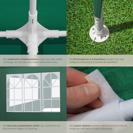 tectake® Pavillon - mit verstärktem Rahmen - Partyzelt 3x3 m - wasserdichte Plane - abnehmbare Seitenwände - wetterfester Gartenpavillon - inklusive Spannleinen und Heringe - grün - Pop-up-Faltzelt