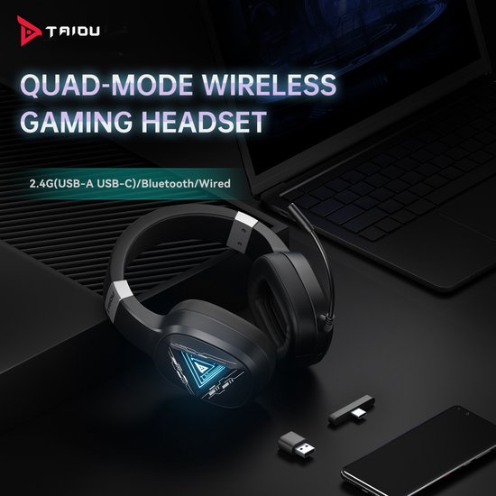 TAIDU THS320Pro - 2.4GHz Wireless Gaming Headset - Bluetooth Headset - mit Mikrofon - Geeignet für PS4/PS5, Nintendo Switch - Multiplattform - Schwarz