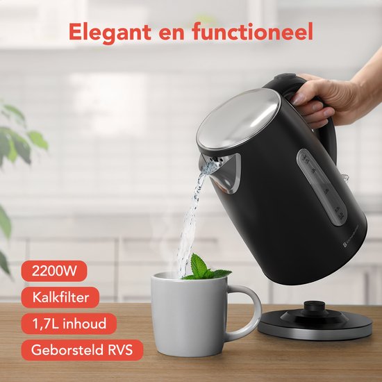 KitchenBrothers Wasserkocher - Elektrisch - 1,7L - 2200W - Edelstahl-Wasserkocher - Schwarz