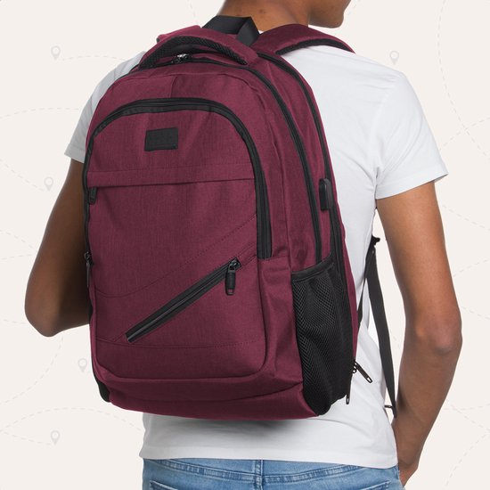 TRVLMORE Rucksack mit Lifetime - Rucksack mit 17 Zoll Laptopfach - Schultasche - spritzwassergeschützt - Männer und Frauen - Jungen und Mädchen - 36L - Burgunderrot