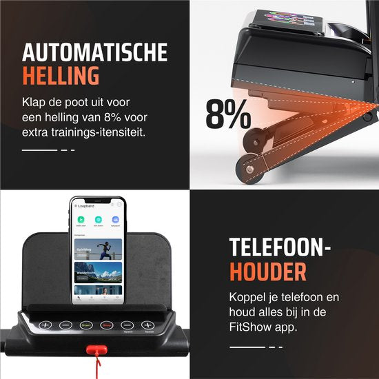 Laufband mit automatischer Steigung (8 %) – Automatische Steigung – Inklusive Anti-Rutsch-Matte und App – LED-Display – 1 bis 12 km/h – Zusammenklappbar – Walking-Pad – 8 % automatische Steigungsfunktion – Laufbänder für zu Hause – Walking-Band – Heimtrai