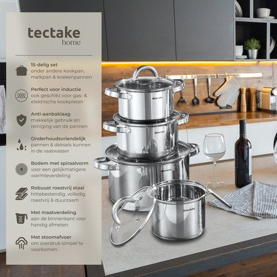 tectake Pfannenset - Edelstahl - Geeignet für Induktion, Gas und Elektro - 15-teilig - Spülmaschinenfest - Für zu Hause oder beim Camping - Pfannen mit Deckel