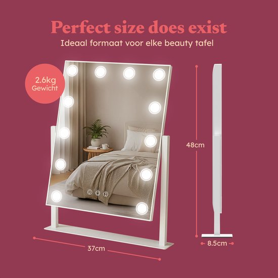 Fraay® Hollywoodspiegel mit Beleuchtung 41x30cm - 3 Lichtstufen - Schminkspiegel mit 10-facher Vergrößerung - LED-Spot-Beleuchtung dimmbar - inkl. Beauty Blender und Puderquaste