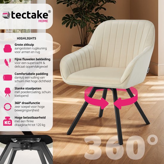 tectake - Esszimmer-Drehstuhl mit Armlehnen - Ergonomischer Schalensessel mit Samtbezug - Gepolstert - Drehstuhl für Wohnzimmer, Esstisch, Arbeitszimmer, Frisiertisch und Küche - Creme