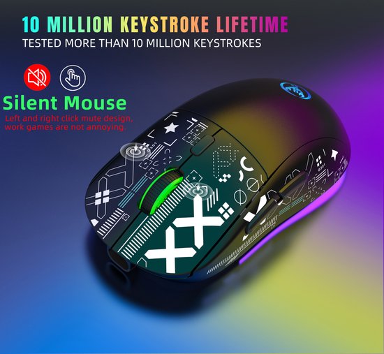 HXSJ T90 2.4G Silent Wireless Gaming Mouse - Bluetooth - Computermäuse - Ultraleicht - RGB-Beleuchtung - Schwarz