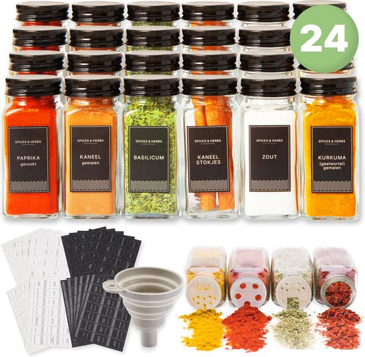 S.old - 24 Glasgewürzdosen quadratisch mit Deckel schwarz - Gewürzstreuer - Komplettset mit Streudeckeln, vorgedruckten Aufklebern und Trichter - Fassungsvermögen 120 ml - 10,5 x 4,3 cm