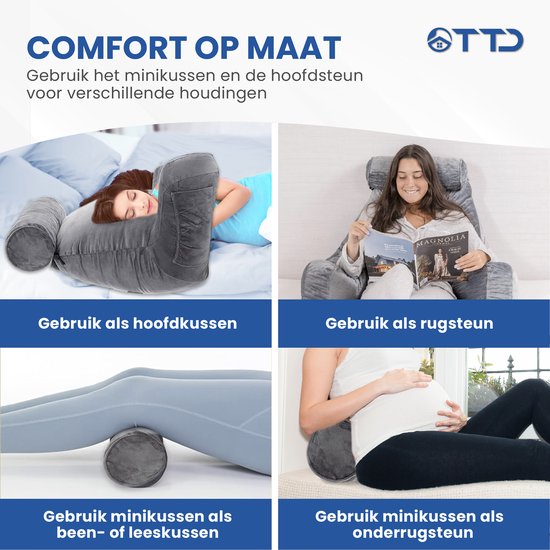 TTD® Premium XXL Lesekissen mit Nackenrolle - Lesesitz - Lesekissen fürs Bett - Ergonomisches Sitzkissen mit verstellbarer Polsterung - Buchkissen - Inklusive extra Minikissen - Samtig weich - Waschbarer Bezug