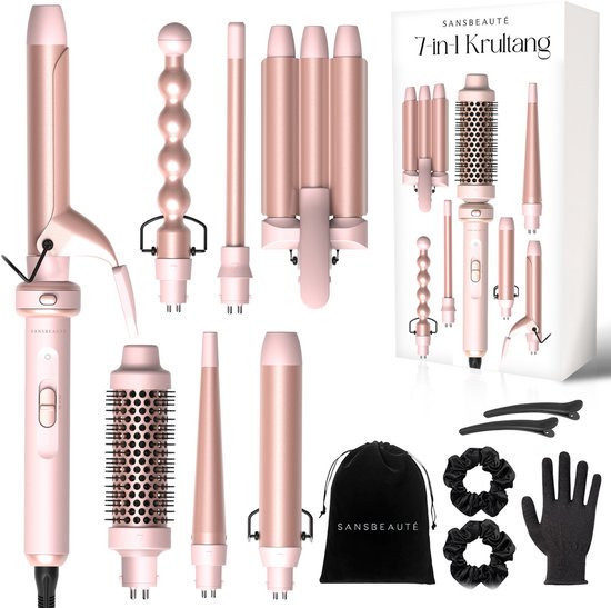 Sansbeauté® 7 in 1 Lockenstab mit Klemme und Waffeleisen - Keramischer Lockenstab - 13mm bis 38mm - Waffeleisen - Föhnbürste für kurzes Haar - Wärmebürste - Lockenstab - Thermobürste - Haarstyler - Lockenbürste 5 in 1