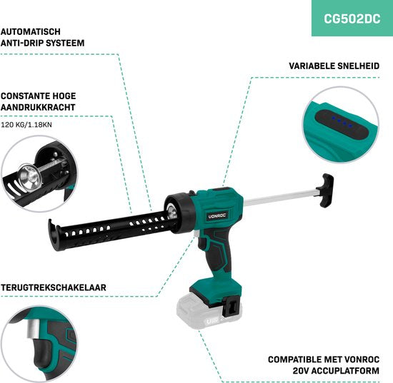 VONROC Akku-Kit-Sprühgerät 20V - Schubkraft 1,18kN/120kg - Anti-Tropf-System - variable Geschwindigkeitsregelung - geeignet für alle gängigen Kit-Patronen - ohne Akku und Schnellladegerät