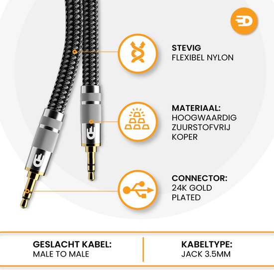 Premium AUX-Kabel 3,5 mm - Nylon-Audiokabel - vergoldet - Stecker auf Stecker - Silber - 3 Meter