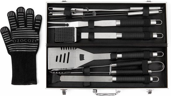 Ozocozy Grillzubehör - 10-teilig - Grillwerkzeug und Grillhandschuh - Aluminiumkoffer - Geschenk für den Mann