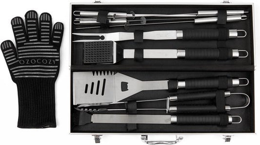 Ozocozy Grillzubehör - 10-teilig - Grillwerkzeug und Grillhandschuh - Aluminiumkoffer - Geschenk für den Mann