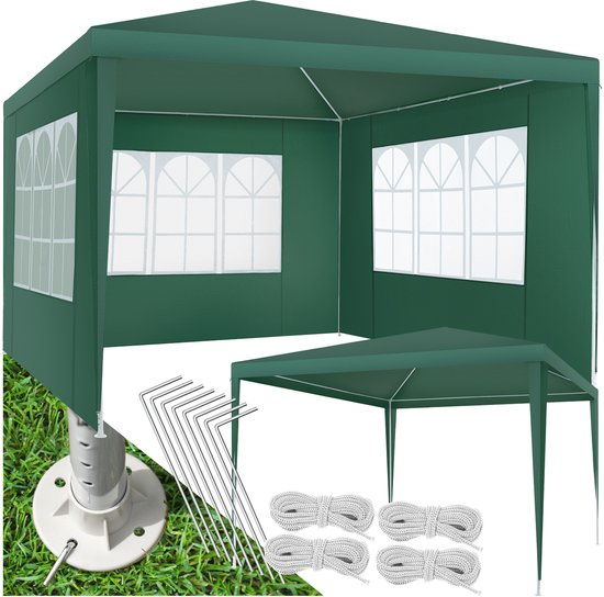 tectake® Pavillon - mit verstärktem Rahmen - Partyzelt 3x3 m - wasserdichte Plane - abnehmbare Seitenwände - wetterfester Gartenpavillon - inklusive Spannleinen und Heringe - grün - Pop-up-Faltzelt