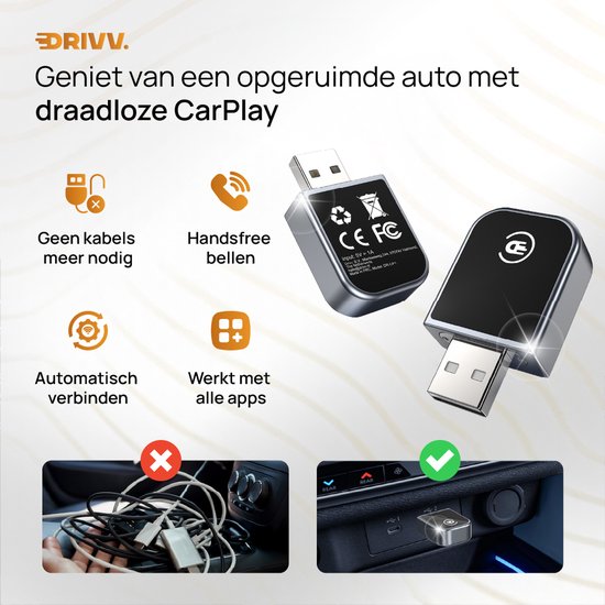Drivv. 2-in-1 CarPlay Dongle - USB-C & USB-A Anschluss - Wireless CarPlay - Schwarz