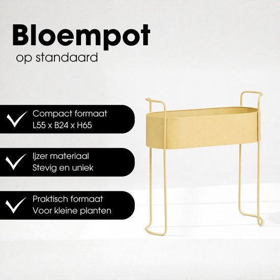 Mica Decorations Moritz Blumentopf auf Ständer – Pflanztopf L 55 x B 24 x H 65 cm – Pflanzenständer aus Eisen – Blumentopf für drinnen oder draußen – Beige