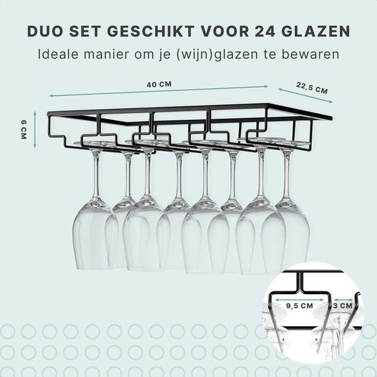 S.old Weinglashalter Hängendes Gestell 2 Stück für 24 Gläser - Weinglasgestell hängend - Weinglashalter - Glasgestell - Mattschwarzes Metall