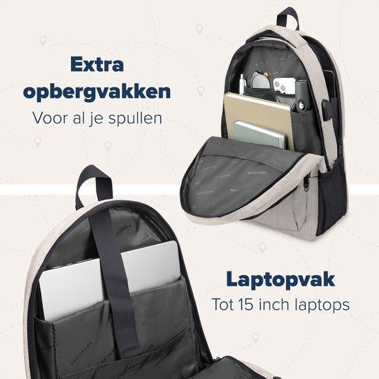 TRVLMORE Rucksack mit Lifetime - Rucksack mit 15.6 Zoll Laptopfach - Schultasche - Spritzwassergeschützt - Männer und Frauen - Jungen und Mädchen - 28L - Champagner