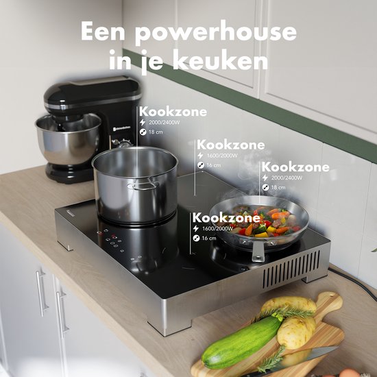 KitchenBrothers Induktionskochfeld - 60 cm - 4 Zonen - 1 Phase - bis zu 2400W - Silber/RVS