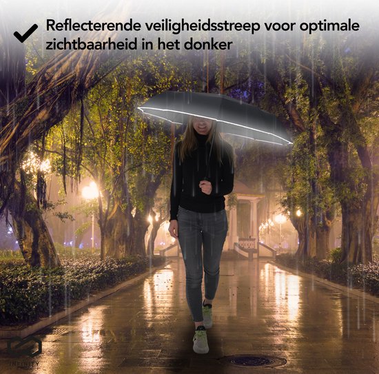 Infinity Goods Stormparaplu - Paraplu - 140 km/u - Reflecterend - Ã˜ 107 cm - Automatisch Uitklapbaar - Beschermhoes - Zwart