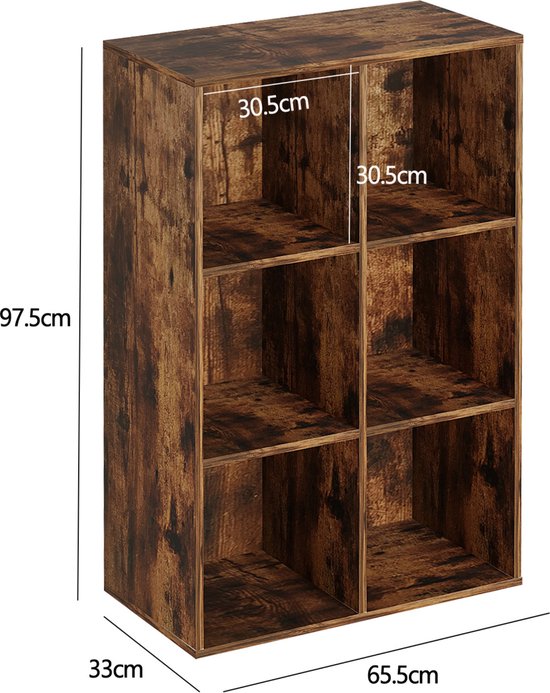 Bücherregal mit 6 offenen Fächern - Wandschrank - Fächerschrank - Farbe braun vintage
