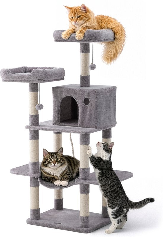 Jake und Jacky Kratzbaum für Katzen – Katzenkratzbaum – Kratzmöbel – Katzenbaum – Kratzbäume – Katzenhaus – Hellgrau – 147 cm hoch