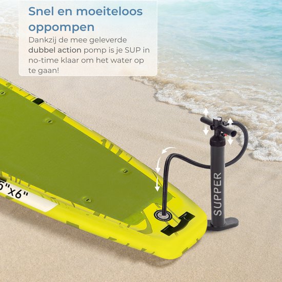 Supper Sup Board XL - Max. 220KG - Aufblasbar - Verstellbares Paddel - Wasserdichte Handytasche - Pumpe - Finne - Tragetasche - Touring 381 x 81 cm - Lime Green