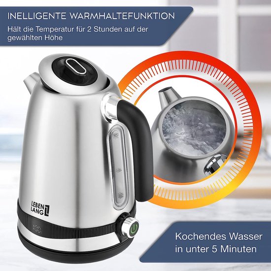 Wasserkocher, Edelstahl, Temperatureinstellung, leise, Temperaturanzeige und Warmhaltefunktion, 1,7 Liter & 2200 W, Wasserkocher, Edelstahl-Wasserkocher, Retro, ohne Kunststoff