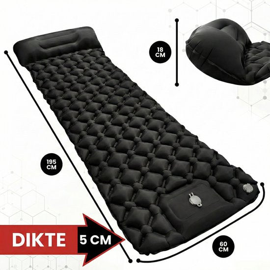 Outbee Schlafmatte selbstaufblasend - Luftmatratze mit integrierter Fußpumpe & Kissen - 1 Person - Selbstaufblasende Schlafmatte - Luftmatratze inkl. Gepäckträger - 195x60x5 cm - Schwarz